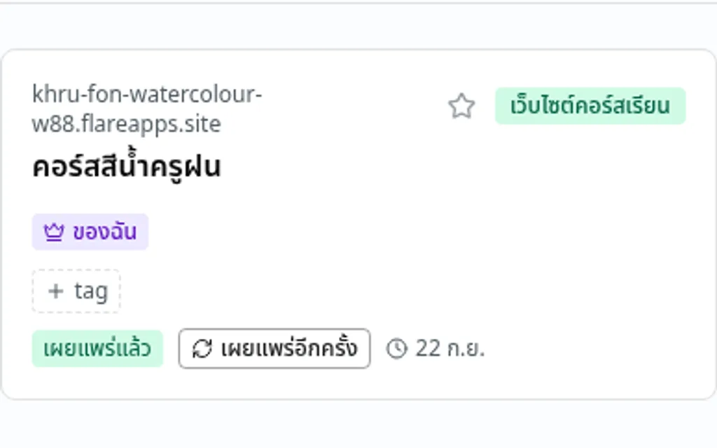 แผงเว็บไซต์ของเจ้าของเว็บ — ที่อยู่ที่เธอตั้งเอง และสถานะว่าเผยแพร่แล้ว