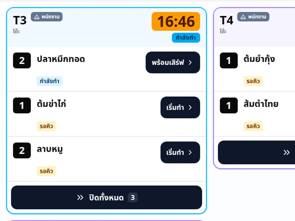 ออเดอร์บนจอครัว — รายการหนึ่งกุ๊กกดเริ่มทำแล้ว รายการอื่นยังรอคิวอยู่