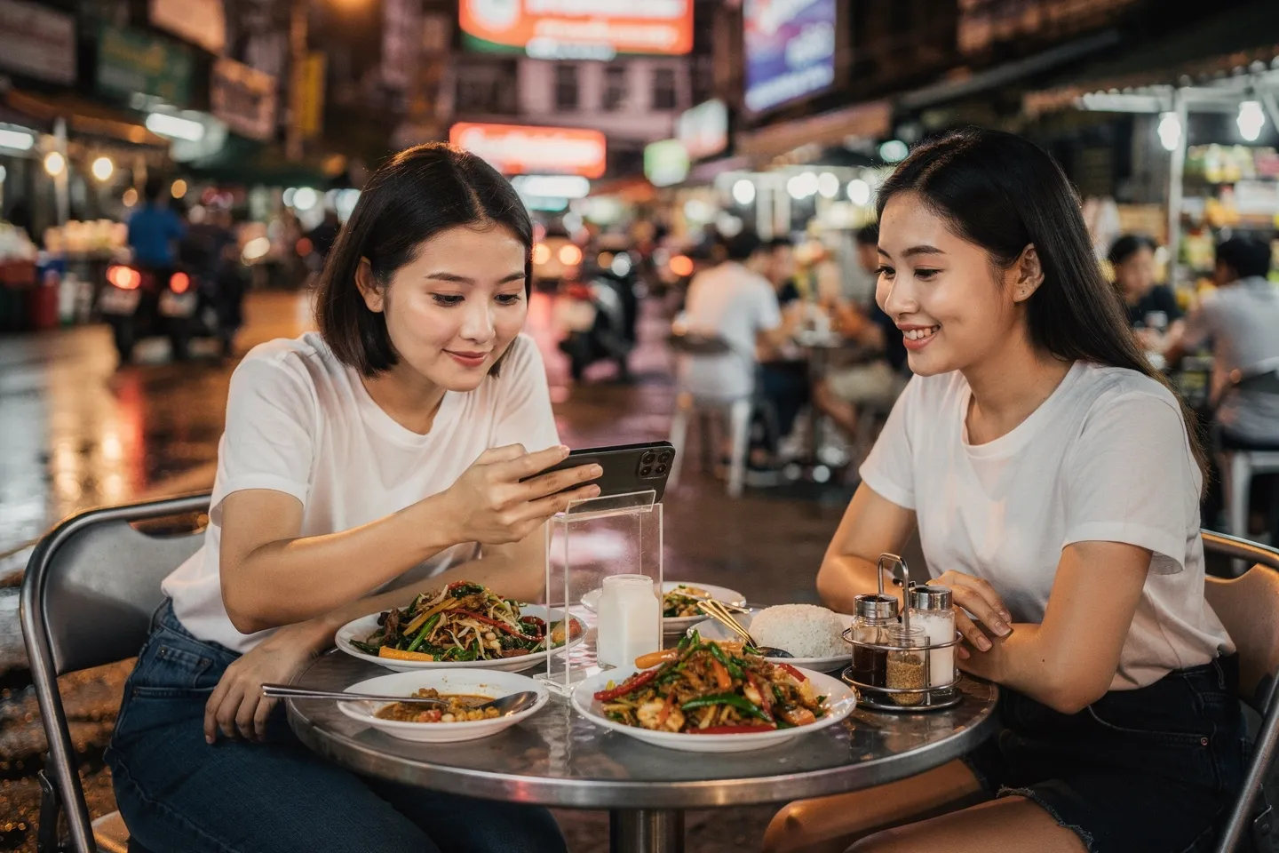 ลูกค้าสองคนที่ร้านอาหารริมทาง กำลังสั่งอาหารจากเมนูบนมือถือ