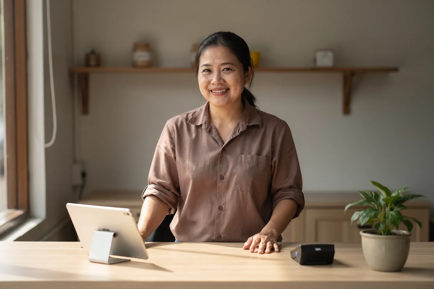 ภาพที่สร้างด้วย AI: เจ้าของร้านยืนอยู่หลังเคาน์เตอร์ไม้ของตัวเอง ยิ้มให้กล้อง มีแท็บเล็ตบนขาตั้ง และต้นไม้เล็ก ๆ วางอยู่ข้างหน้า
