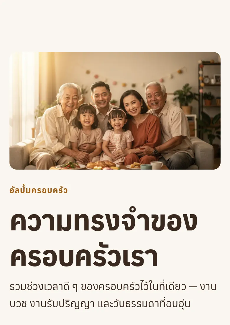 หน้าปกอัลบั้มครอบครัวบนมือถือ: รูปครอบครัวใบใหญ่ ชื่ออัลบั้ม และคำอธิบายว่าหน้าอัลบั้มด้านในเปิดให้เฉพาะคนที่ได้รับเชิญ