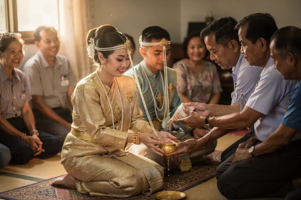 พิธีแต่งงานช่วงเช้า เจ้าบ่าวเจ้าสาวในชุดไทย ผู้ใหญ่รดน้ำสังข์ที่มือ