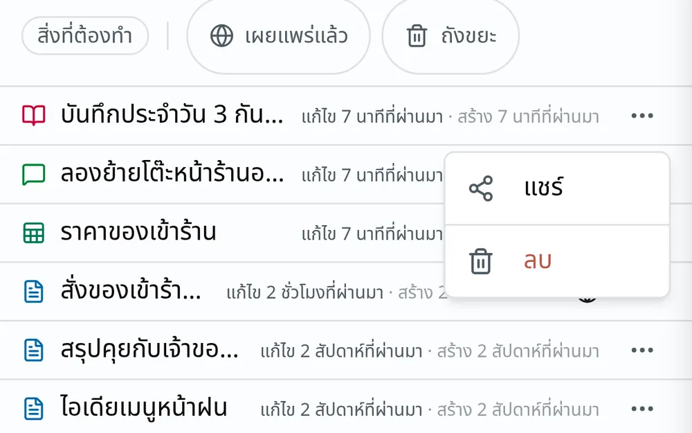 เมนูของแถวหนึ่งในรายการ เปิดอยู่ มีคำสั่งแชร์และลบ ด้านบนเป็นชิปสำหรับสลับไปทะเบียนลิงก์และถังขยะ